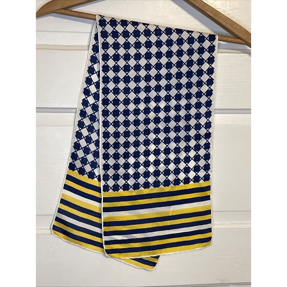 Vintage Silk Neck Tie Scarf Blue Yellow White Geometric Pattern Harlequinn
